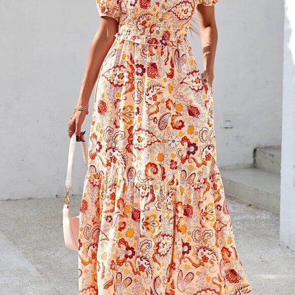 Womens Summer Boho Floral Maxi Dress V Neck Puff Short Sleeve Flowy - Picture 3 of 6